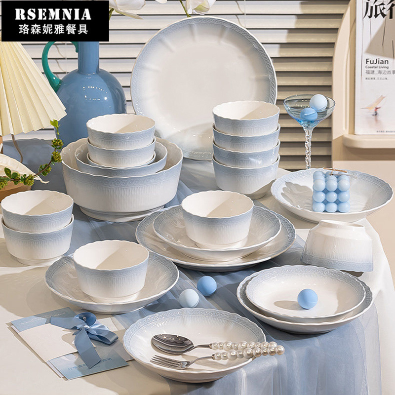 Rsemnia Ice Mist Blue Bowl and Plate Set, Household Ceramic Bowls and Chopsticks, Elegant and Luxurious Tableware, Housewarming Gift