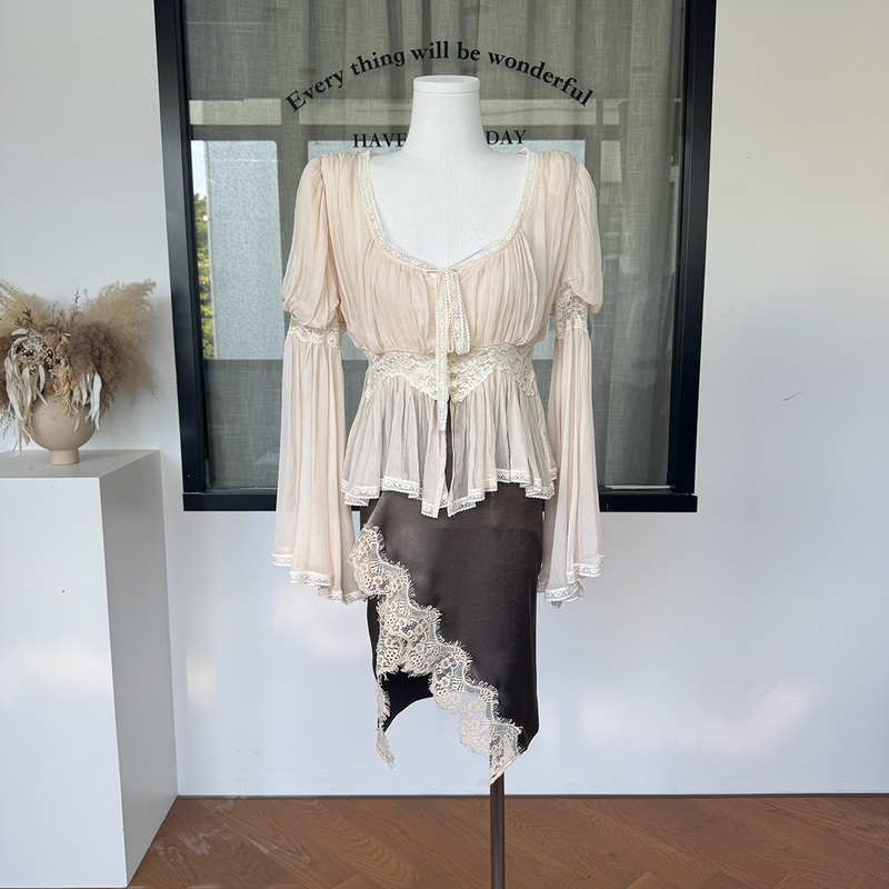 Latitude Little Heron Pyschē Set Imported Lace Chiffon Blouse Top Autumn Faux Silk Skirt Women's Shirt