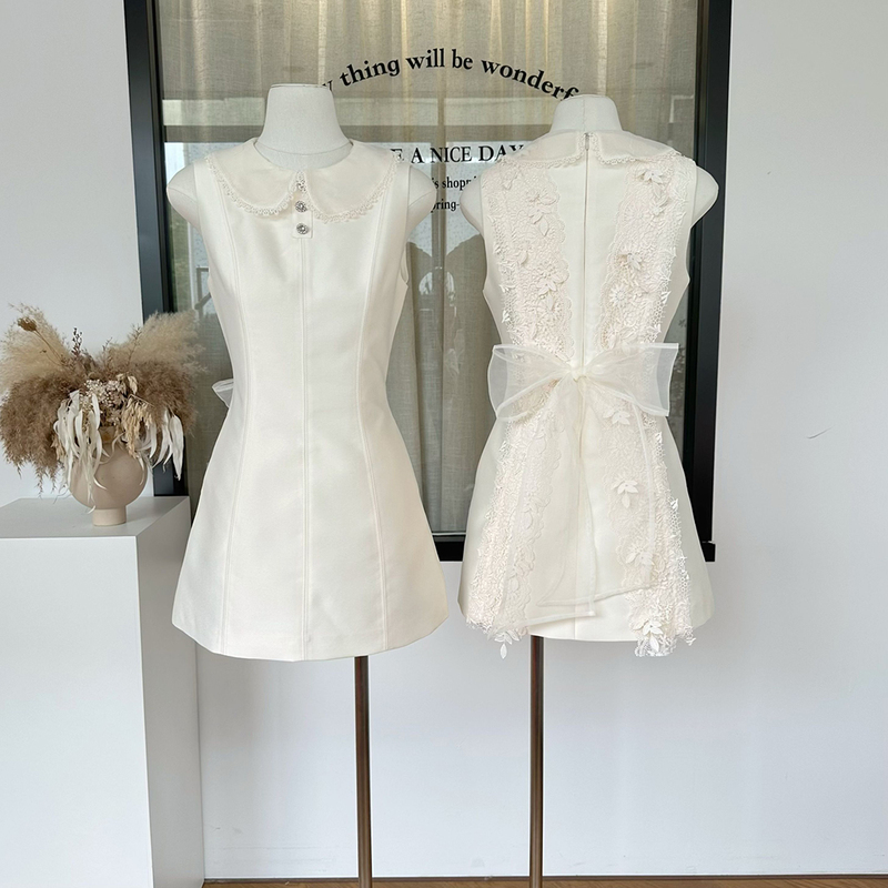 Chishan 26/Ss Early Summer Whisper Jory* White Sleeveless Tank Dress with Lace-Up Back, Elegant Waist-Cinching Short Skirt