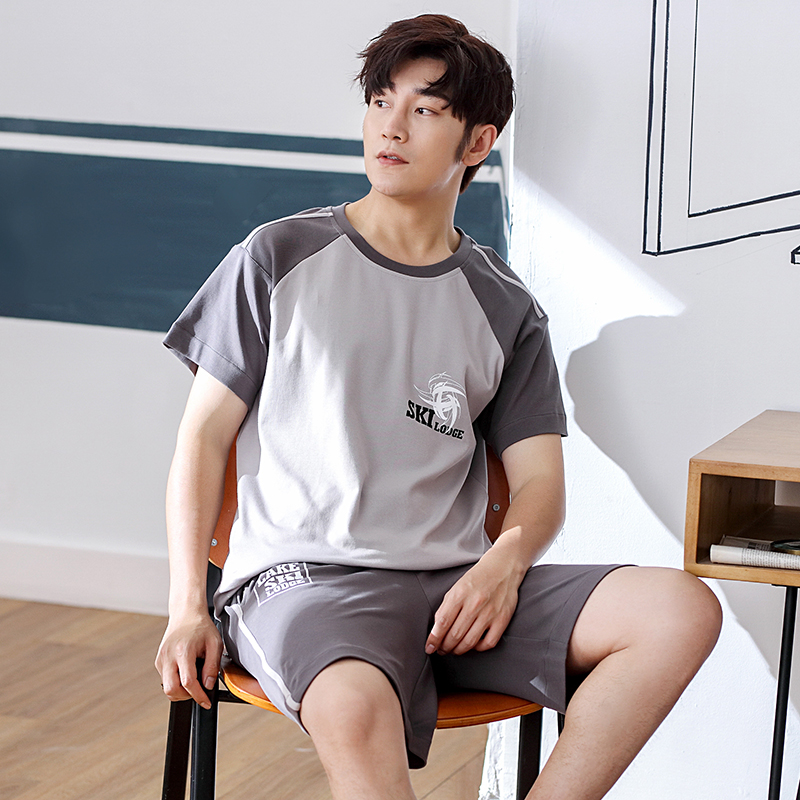 Summer mens pajama ngắn tay quần short bông bộ xuân hè quần bảy điểm mỏng boy bông quần áo nhà mùa xuân.