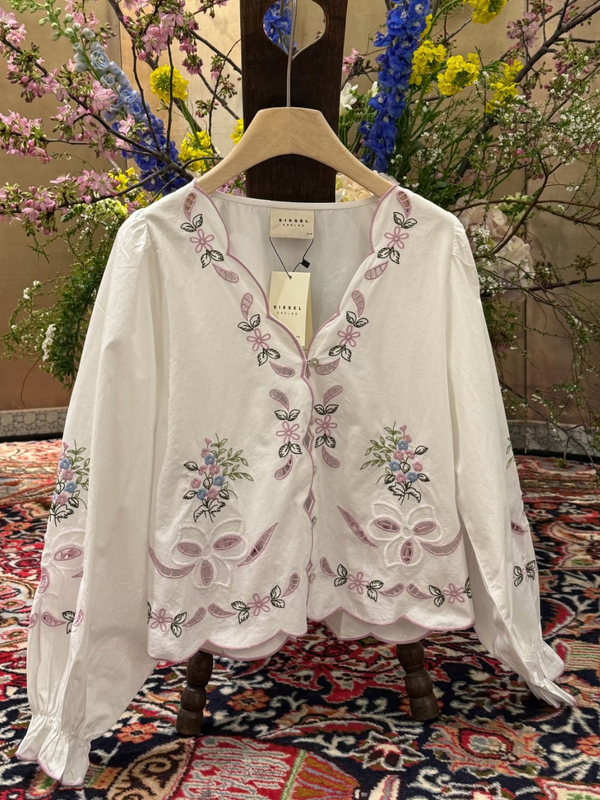Sissel Edelbo Shirt 26 Spring and Summer New Colorful Cut Out Lace Long-Sleeved V-Neck Shirt for Women