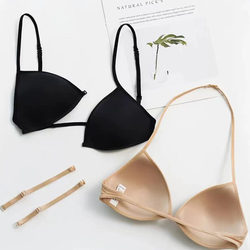French lingerie beauty back halter summer seamless sexy small breasts thin straps no steel ring front buckle triangle cup bra