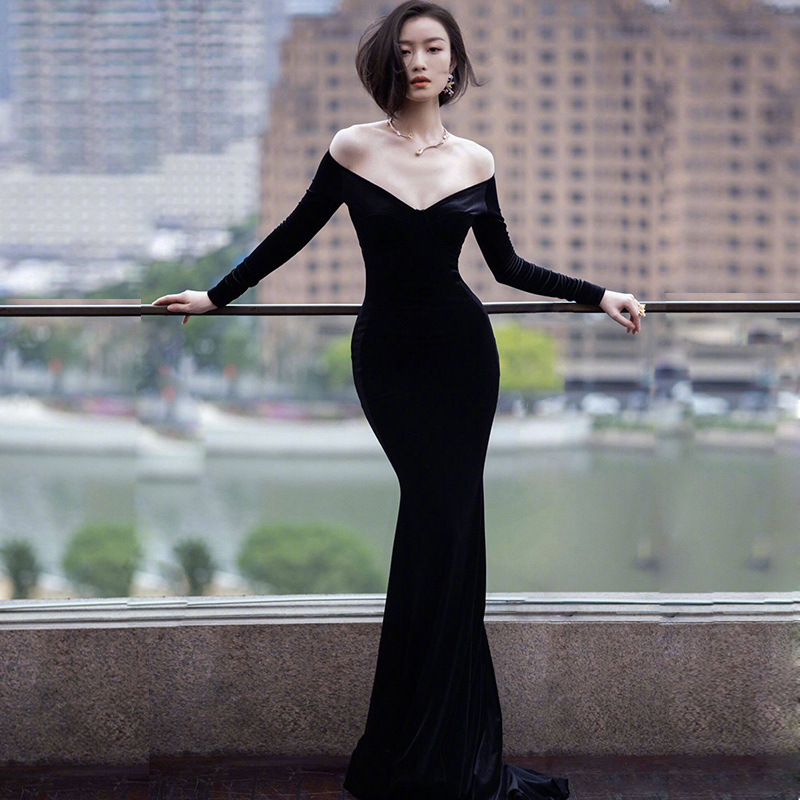 Black Evening Dress for Women 2026 New Style High-End Slimming Fishtail Runway Show Annual Meeting Host Ni Ni Same Style Dress Black Evening Dress for Women 2026 New Style High-End Slimming Fishtail Runway Show Annual Meeting Host Ni Ni Same Style Dress