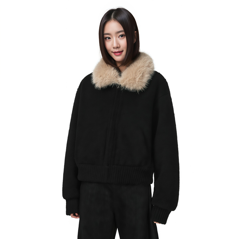 Fdr Wsp Long Pointed Fur Collar Small Grain Lamb Wool Short Coat Women's Winter New Black Fur Top Jacket