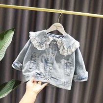 Girl Denim Jacket Spring Autumn Money 2021 New Children Han Edition Autumn Clothing Womens Baby Loose Foreign Air Lace Blouse