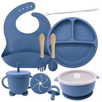 Темно -синий [bib+маленькая всасывающая чашка+миска с двойным ухом (с крышкой)+чашка Panda (с закусочной)+Pacifier+щетка+деревянная ручка ложка]