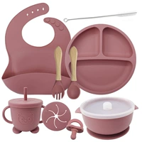 Темно -розовый [Bib+маленькая чашка всасывания+миска с двойным ухом (с крышкой)+чашка Panda (с закусочной)+Pacifier+щетка+деревянная ручка ложка]