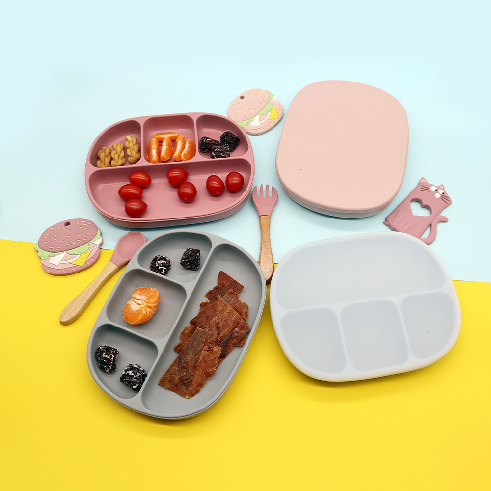 New children's non-staple food sucker learn to eat with lid tableware baby silicone dinner plate set baby training quarter