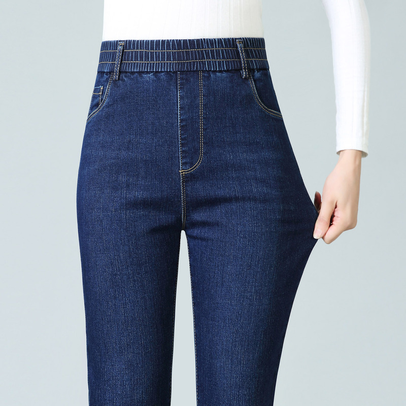 2025 Autumn Mom's Elastic Waist Jeans Women's High Waist Deep Crotch Stretch Straight Leg Pants Middle-Aged and Elderly Women's Trousers