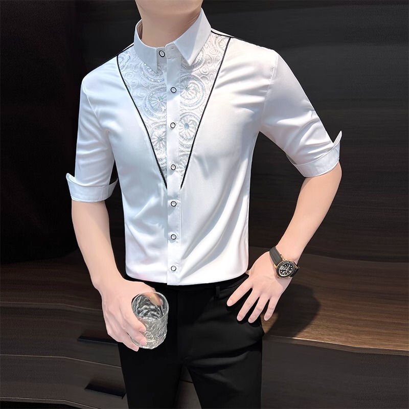 Handsome Floral Shirt Men's Short-Sleeved Summer Ice Silk Trendy Brand Hairstylist Men's High-End Lace Three-Quarter Sleeve Shirt