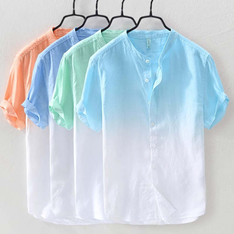 Hawaiian Half-Sleeve Shirt for Men, Stand-Up Collar, Ice Silk, Beach Style, Fresh Gradient Color, Cool and Casual Shirt, Trendy