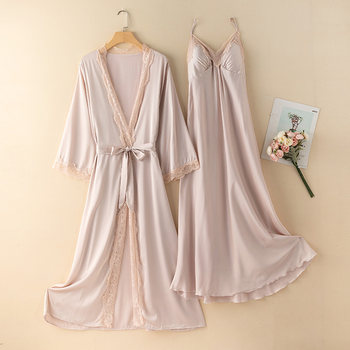 Mid-length pajamas women's spring and summer thin ice silk long-sleeved nightgown nightdress sexy belt chest pad palace pure desire style suit