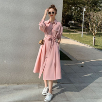 Pregnant women spring pink French shirt long skirt 2021 New Tide mom pregnancy out loose long sleeve dress