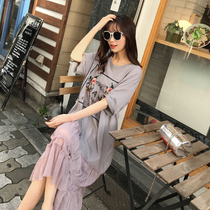 Pregnant summer dress new fashion mom foreign style summer skirt Korean version loose mesh stitching pregnant skirt short sleeve