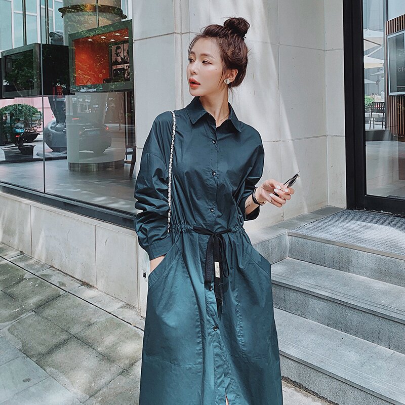 Pregnant woman's dress in dress for long version of Chaoma Pregnancy Mid Stage Foreign Dress Korean Version Loose Pregnancy Woman Dress Shirt Skirt Long Sleeve