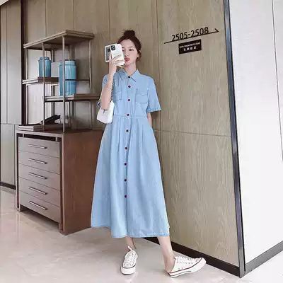 Pregnant women's skirt summer New Tide mom loose late denim skirt Korean fashion dress long short sleeve 2021