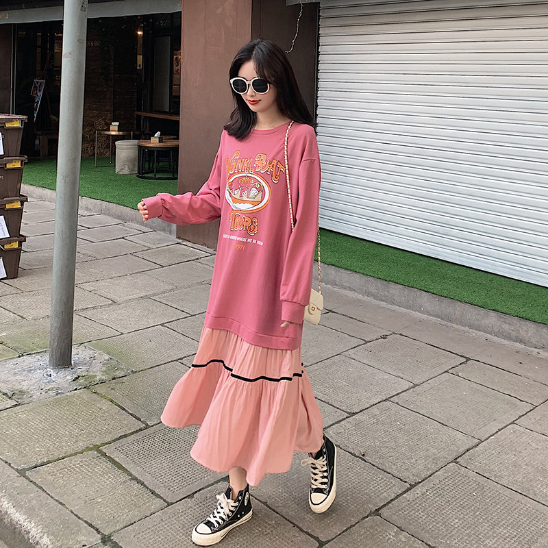 Pregnant women spring and autumn loose dress 2022 new Korean version of the trendy mother fashion fake two-piece stitching cover belly dress