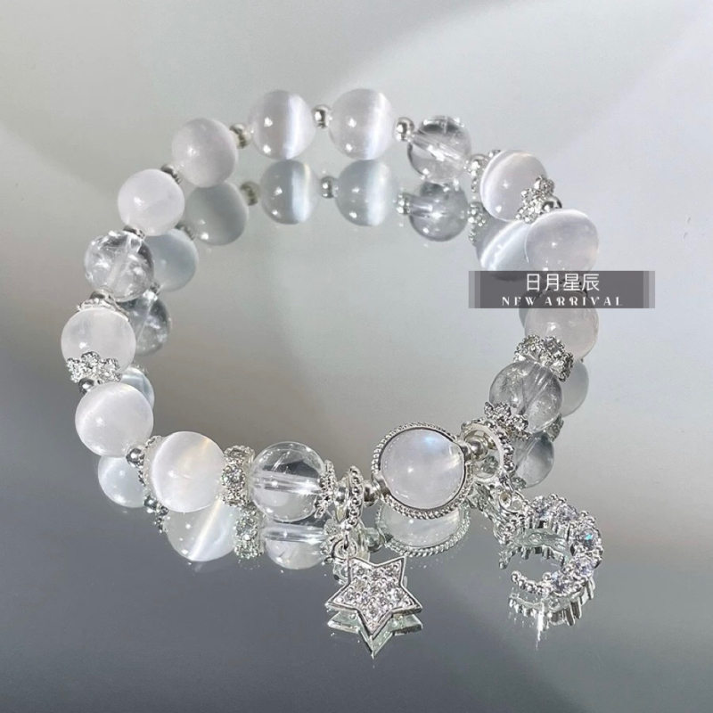 Star and Moon Sterling Silver Bracelet for Women with Natural Cat's Eye Stone, Blue Moonlight White Crystal Bracelet, Light Luxury, Niche, Exquisite Fairy Gift