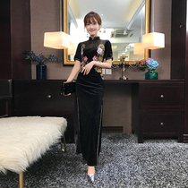 Black long split cheongsam velvet embroidery temperament socialite thin banquet evening dress skirt improved dress