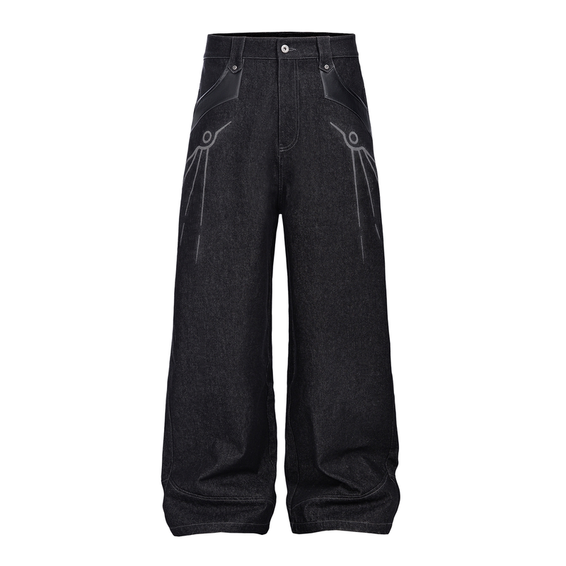 Isaiah's "Immortal Bird" Patchwork Pattern Burnt Flower Black Raw Denim Straight Wide-Leg A-Line Jeans