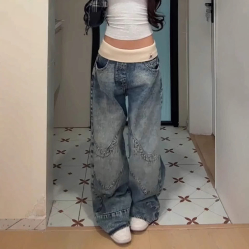 Women's Foldover Jeans Low Rise Baggy American Style Ribbed Waistband Denim Pants for Women