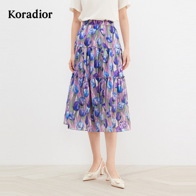 Cole Tier outlets commuting elegant women's floral romantic French pleated stitching A-line skirt mid-length skirt