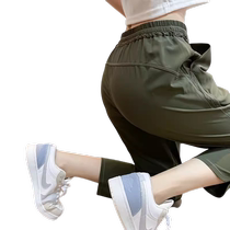 Pear-shaped body ice silk sports pants for women summer thin straight casual pants elastic design quick-drying nine-point cigarette pants