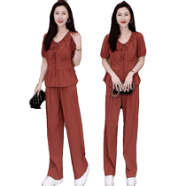 2024 new summer style thin fashionable wide-leg sweatpants suit womens western style short-sleeved sweatpants two-piece set