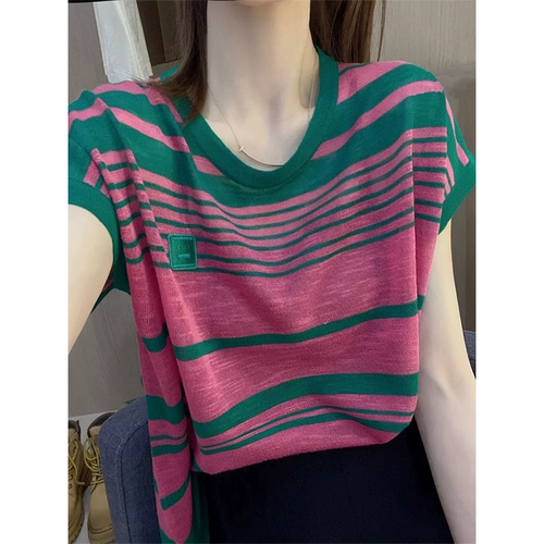 Трикотажный свитер, тонкая летняя футболка, в корейском стиле, короткий рукав, с рукавом