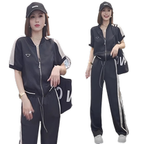 Casual sports suit for women 2024 summer temperament trendy brand zipper short-sleeved cardigan top wide-leg pants two-piece set