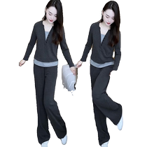 Casual sports suit for women 2024 spring and autumn new style fashionable western style slimming fake two-piece long-sleeved trousers two-piece set