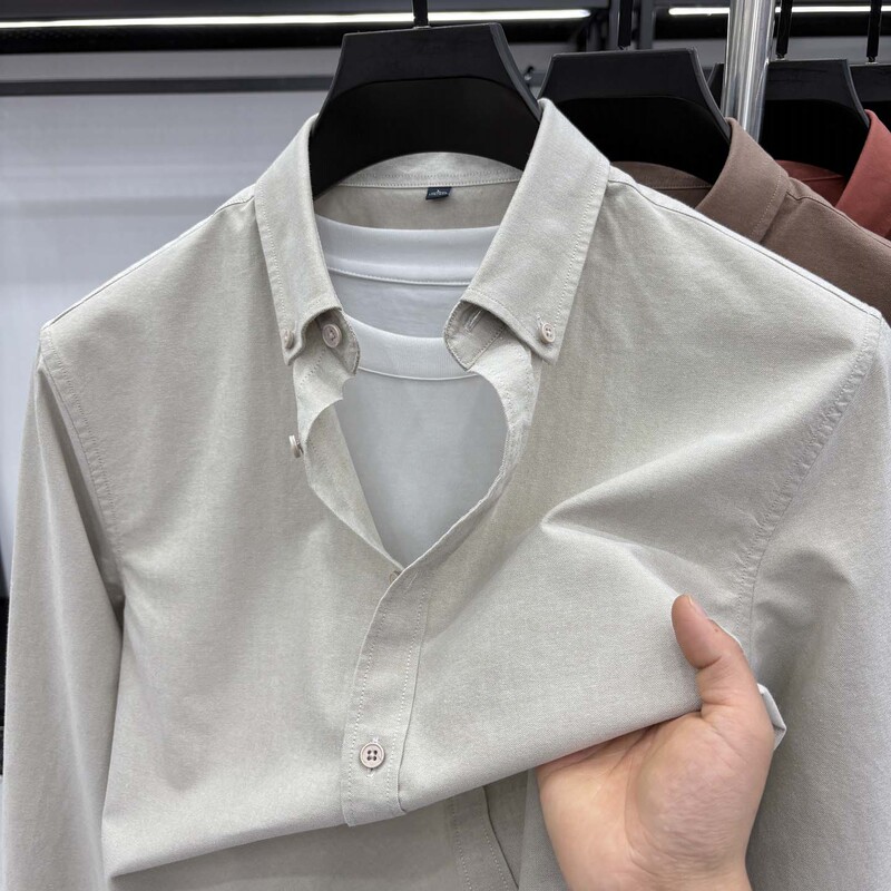 2026 New Spring and Summer Long-Sleeved 100% Cotton Shirt for Men, Business Tommy Style, Pure Middle-Aged Light Coffee Color Casual Shirt for Outerwear