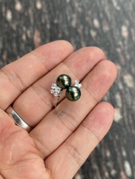 Full green 9.09,9.11mm colorful tahitian double bead ring, 18k cultivated diamonds inlaid with natural light shot
