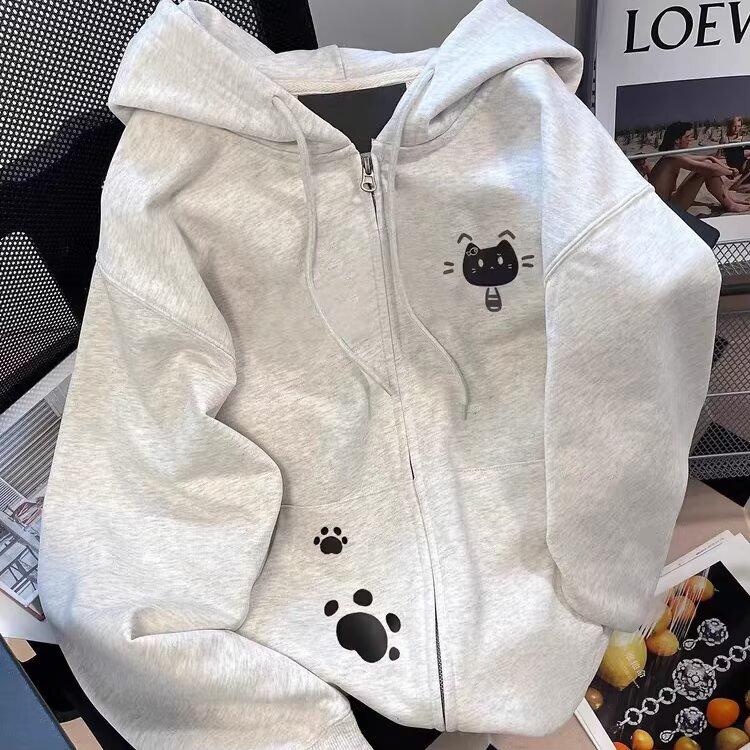 Korean Style Lazy and Fun Cat Print Cardigan Sweatshirt Jacket for Women, Spring and Autumn, Petite Size, Super Cute and Versatile Hooded Top Korean Style Lazy and Fun Cat Print Cardigan Sweatshirt Jacket for Women, Spring and Autumn, Petite Size, Super Cute and Versatile Hooded Top
