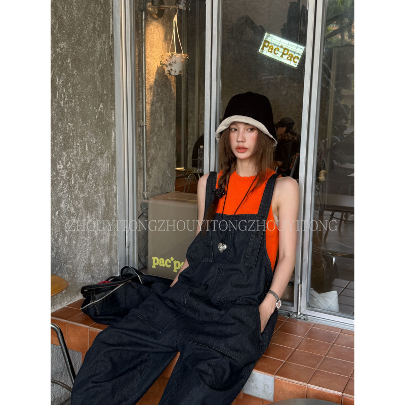 【Retro Wave】Zhou Yitong American-Style Denim Overalls for Women, Summer Design, Petite Thin Pants for Summer