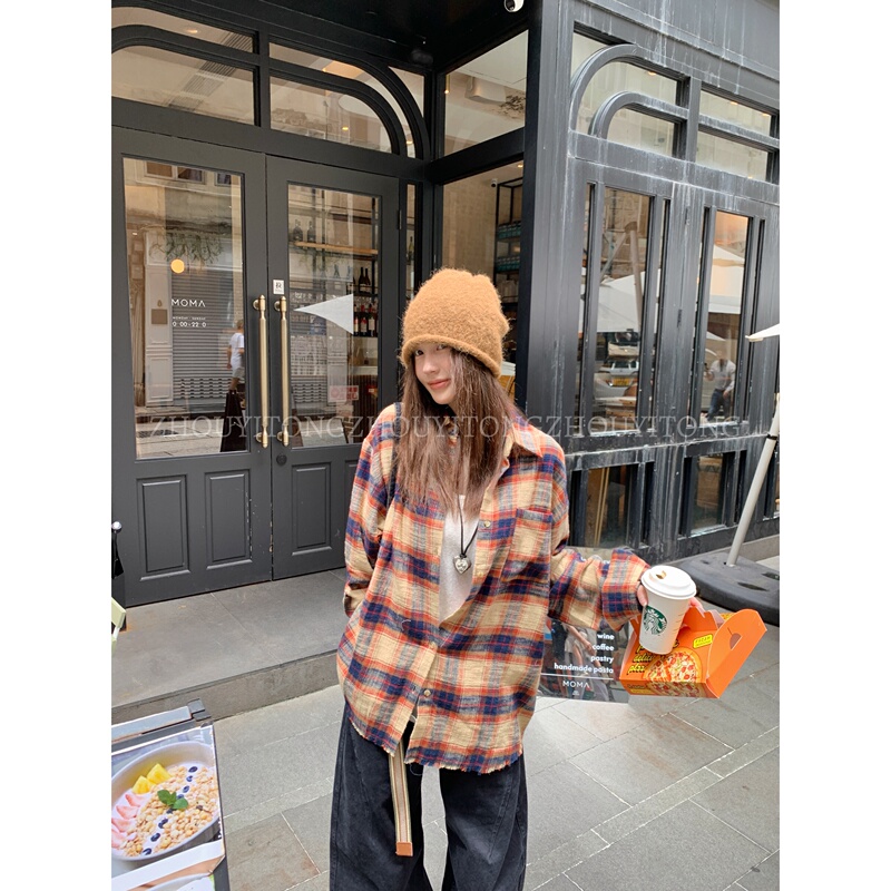 【Muyegezhang】Zhou Yitong's New Yellow Plaid Shirt for Women, Early Autumn Design, Niche Shirt Top for Autumn