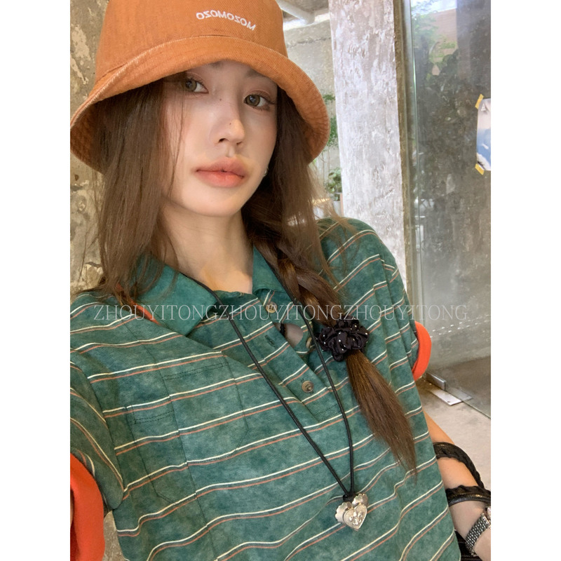 【Smart Stripes】Zhou Yitong's New American-Style Green Striped Polo Shirt, Regular Shoulder Short-Sleeve T-Shirt for Women, Summer Top