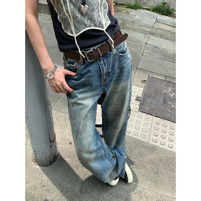 【Vintage Blues】Zhou Yitong Blue High-Waisted Washed Straight-Leg Jeans for Women, Summer Niche Design Pants