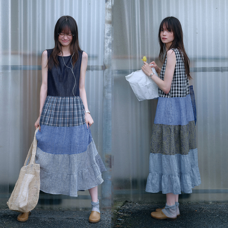 One-Piece Two-Piece Set, Contrasting Plaid Linen Crepe Fabric with Large Skirt and Tiered Tank Dress