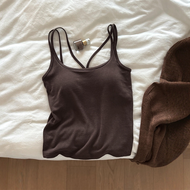 Autumn and Winter Clothes! Softcore Coffee-Colored Inner Wear ~ Comfortable, Simple, and Elegant, with Built-In Chest Pads and Brushed Camisole