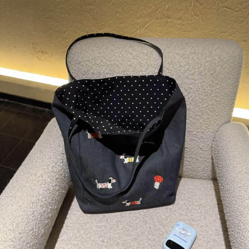 This Puppy Embroidered Denim Canvas Bag Is a Hit! Korean Style Versatile Large-Capacity Reversible Tote Bag