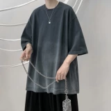 Ретро хлопковая летняя футболка с коротким рукавом, градиент, оверсайз, круглый воротник, в американском стиле