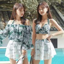 Swimsuit female fairy fan split skirt style girl conservative thin belly cover student three-piece hot spring swimsuit