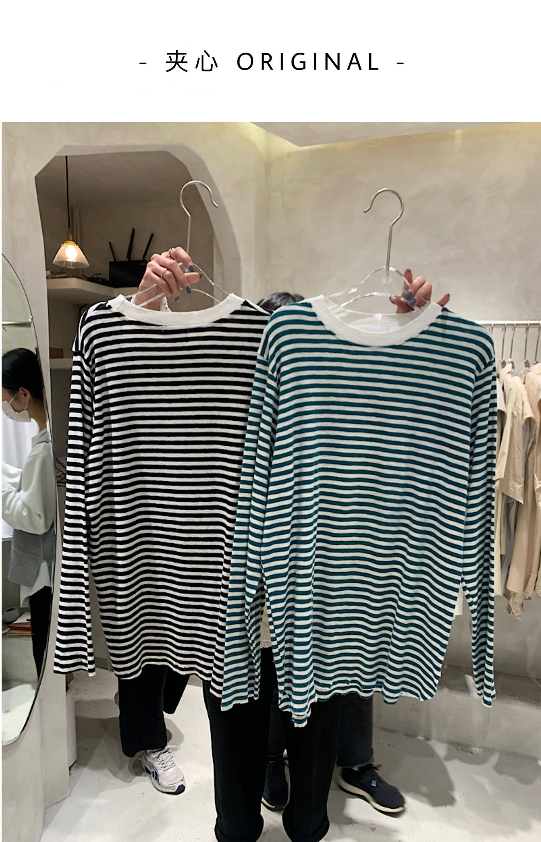 ANO 2022 autumn and winter new simple striped hole loose bottoming top Korean version loose and thin long-sleeved T-shirt
