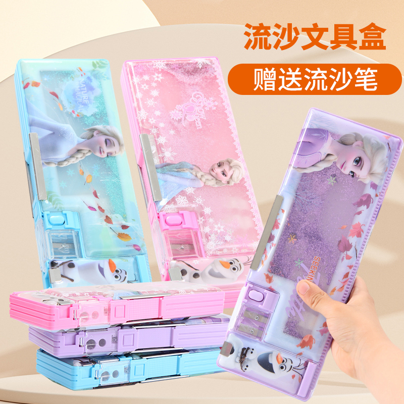 Net red quicksand stationery box unicorn cherry blossom liquid first grade elementary school student boy girl multi-function kindergarten children creative plastic pencil box cartoon toy box ins cute large capacity