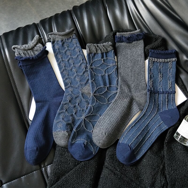 Navy Blue Bubble Socks, Vintage Floral, High-End Old Money Style Mid-Calf Socks for Women