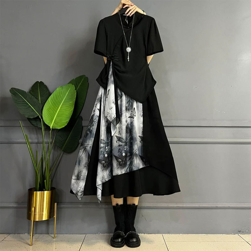 Plus-Size Women's Fashionable Casual Short-Sleeved Chinese-Style Suit Dress 2025 Summer New Style Covers the Body and Looks Slimming Plus-Size Women's Fashionable Casual Short-Sleeved Chinese-Style Suit Dress 2025 Summer New Style Covers the Body and Looks Slimming