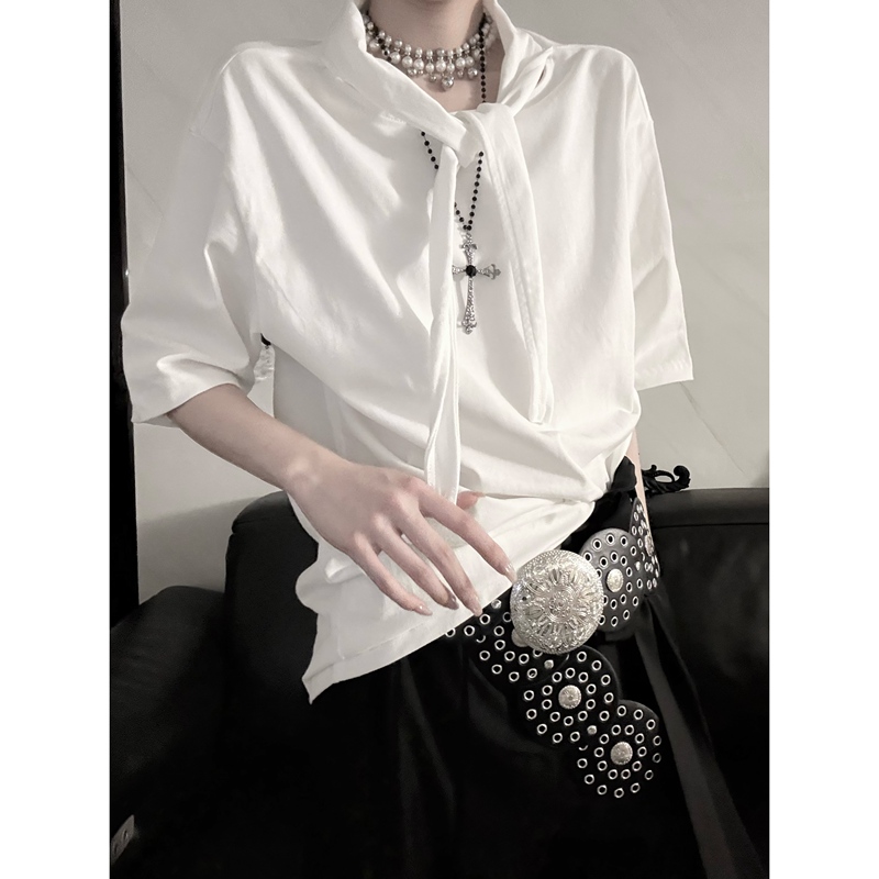 Aont Niche Design Collar with Ribbon Tie Loose Short-Sleeve T-Shirt Versatile Solid Color Top Summer New