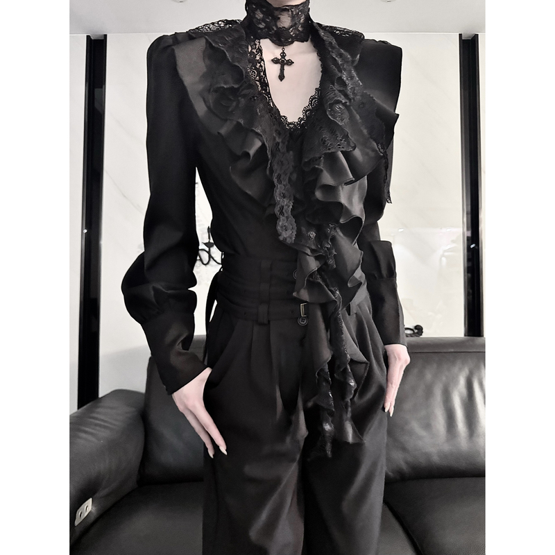Aont Thorn Black Lace Dark Court Layered Lace V-Neck Slim Fit Blouse Women's Autumn/Winter