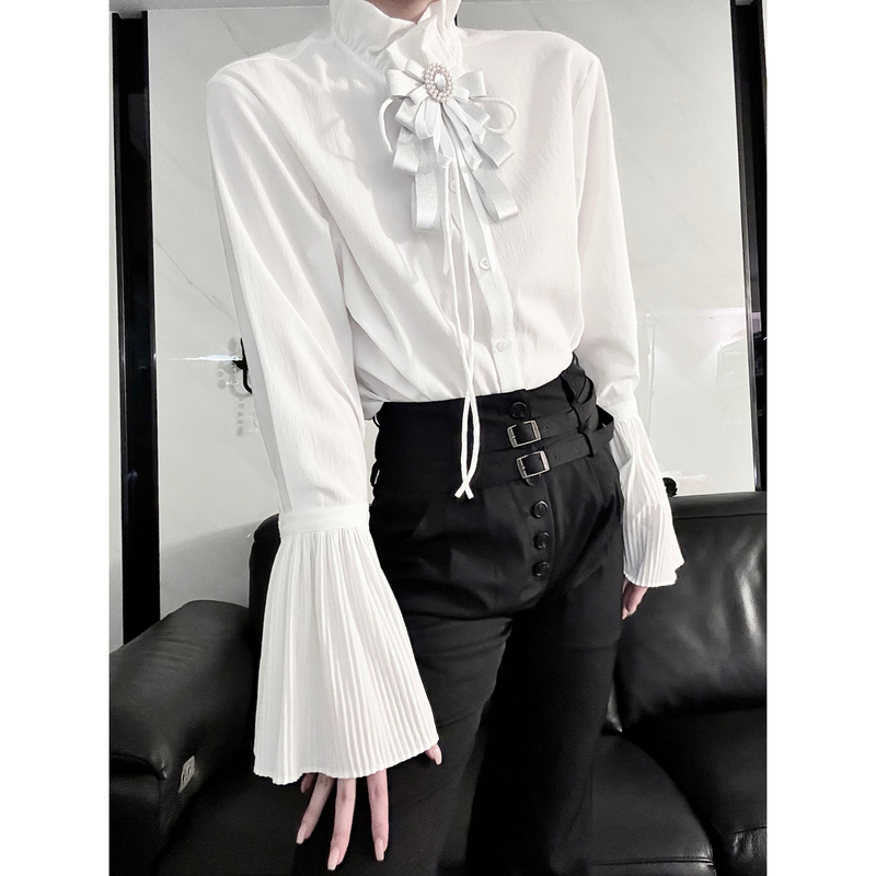 Aont Original Palace-Style Elegant Bell-Sleeve Shirt, Retro Lace-Up Stand-Up Collar Long-Sleeve Accordion-Sleeve Elegant Top